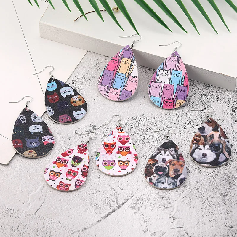 

Handmade animal dog cat owl printing PU leather earrings cartoon cute drop earrings for women 2019 christmas gift wholesale