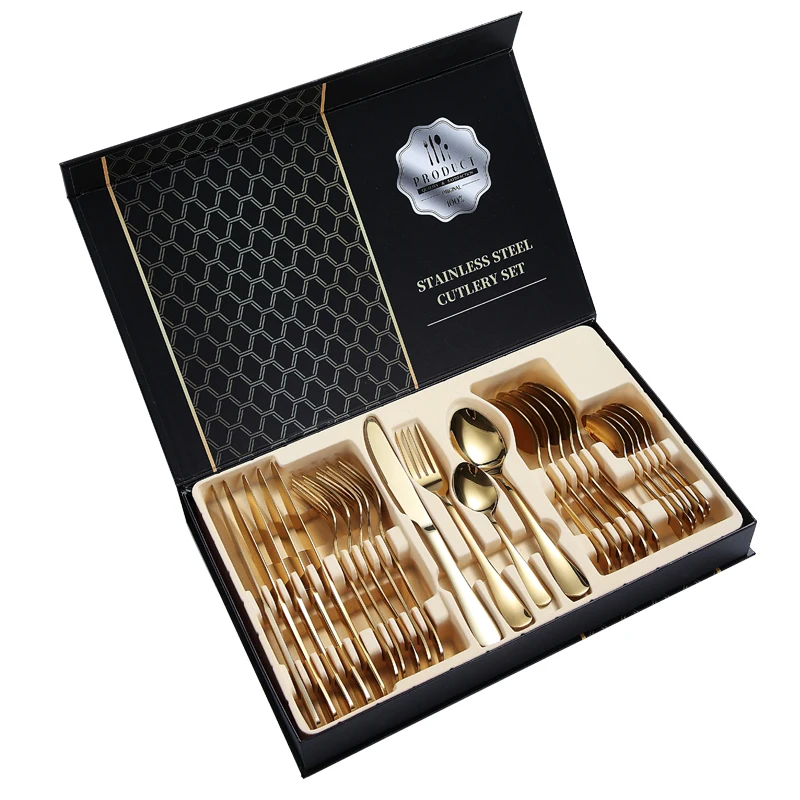

Hot Selling silverware 24 pcs Gift Set Gold Flatware Stainless Steel Cutlery Set with Box 24pcs Flatware Sets
