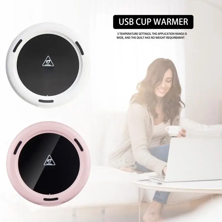 

Coffee Mug Warmer Tea Cup USB Heated Coaster Drink Warmer Plate, White/pink