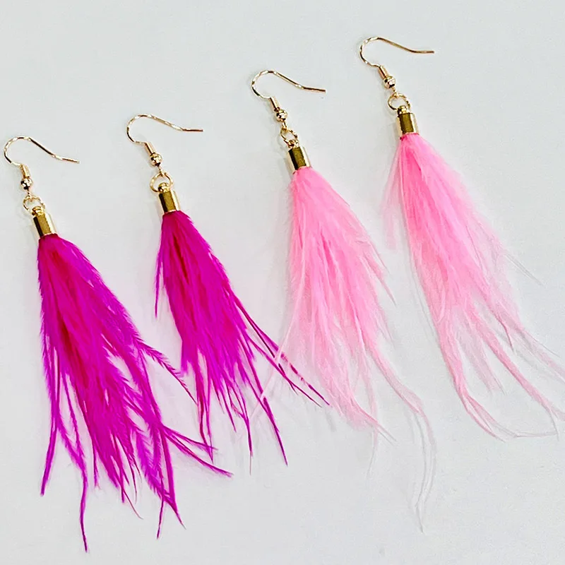 

Trendy Fluttering White Ostrich Feather Earrings Long Barbie Pink for Wedding Party Women Jewelry Wholesale