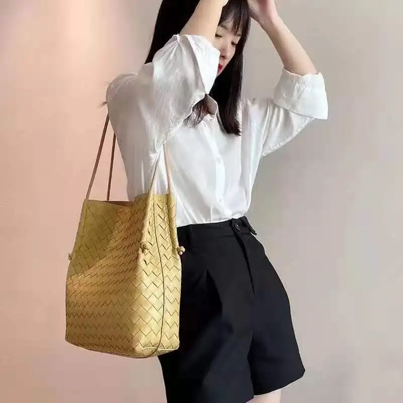 

Genuine Leather Weaving Bucket Liner Bags Women Handbags Shoulder Weave Flap leather sling bag, Various colors