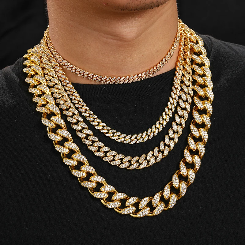 

Drop Shipping Hip Hop Jewelry Iced Out 18K Gold Plated Zircon Diamond Miami Cuban Link Chain Necklace, White gold&gold&rose gold