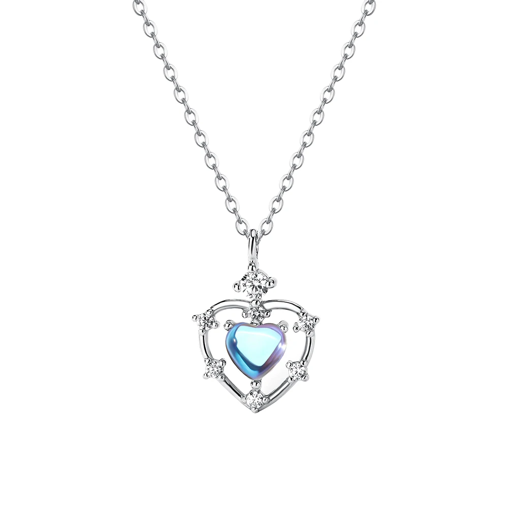 

Fashion Jewelry Heart Shaped Necklace Sterling Silver Heart Cut Moonstone Pave Zircon Pendant Necklace