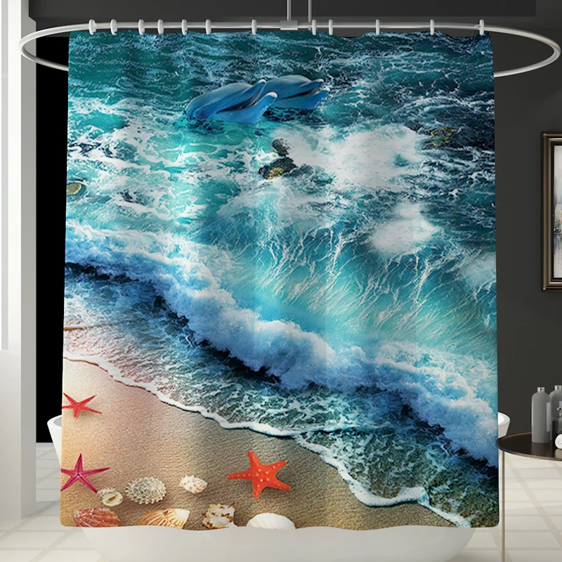 Ocean printed Toilet Pad Cover Bath Mat Shower Curtain Set for Bathroom Decoration Home Textile