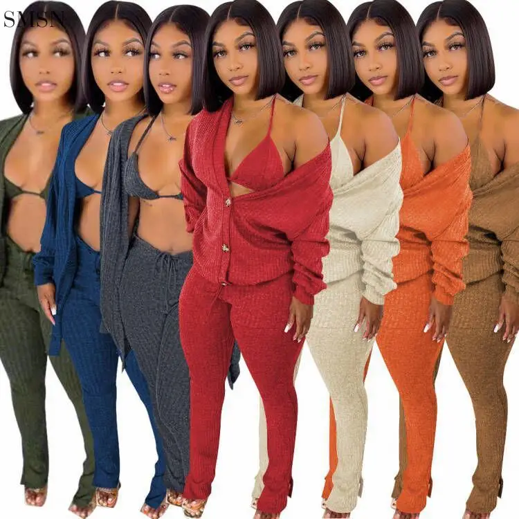 

Latest Design Knitted Solid Color Knitting Women Three Piece Pant Set Fall 2021 Women Clothes Three Piece Set Women Clothing