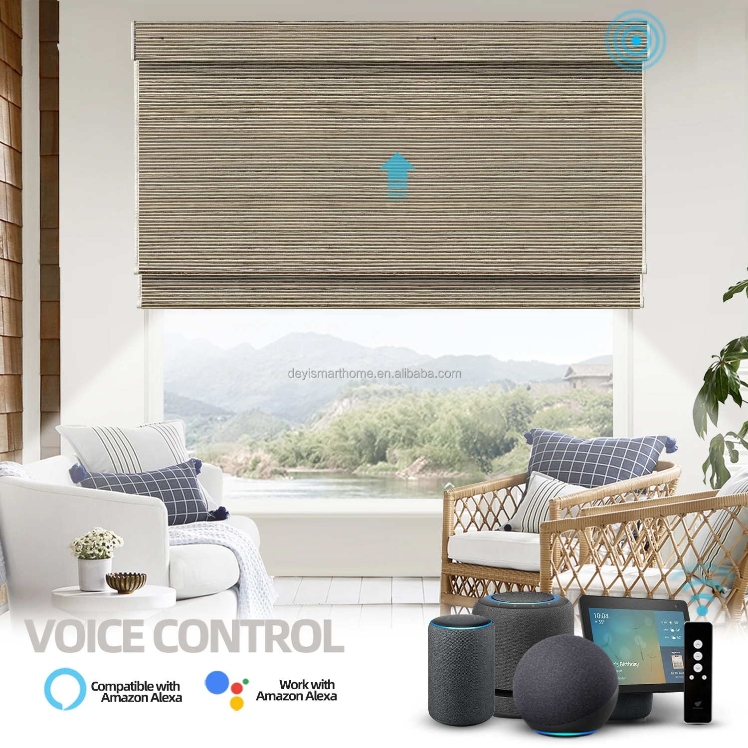 

Google Alexa Roman Matchstick Bamboo Motorized Roller Shades For Outdoor Smart Blinds