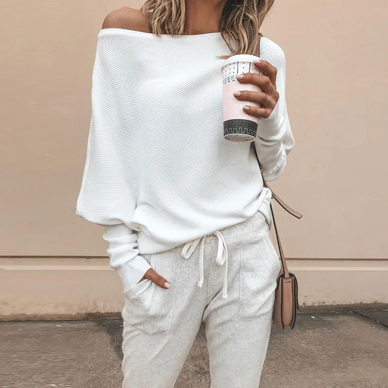

Sexy design ladies batwing sleeve off shoulder long sleeve t-shirt, 6 colors