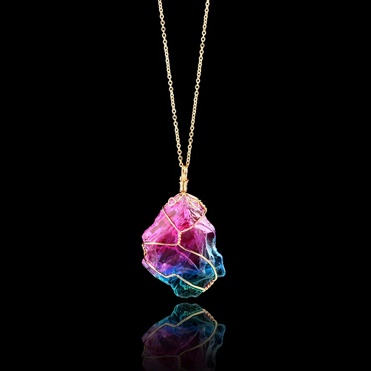 

Colorful healing crystal quartz chackra necklace gold random size rainbow natural stone pendant necklace jewelry gift for unisex