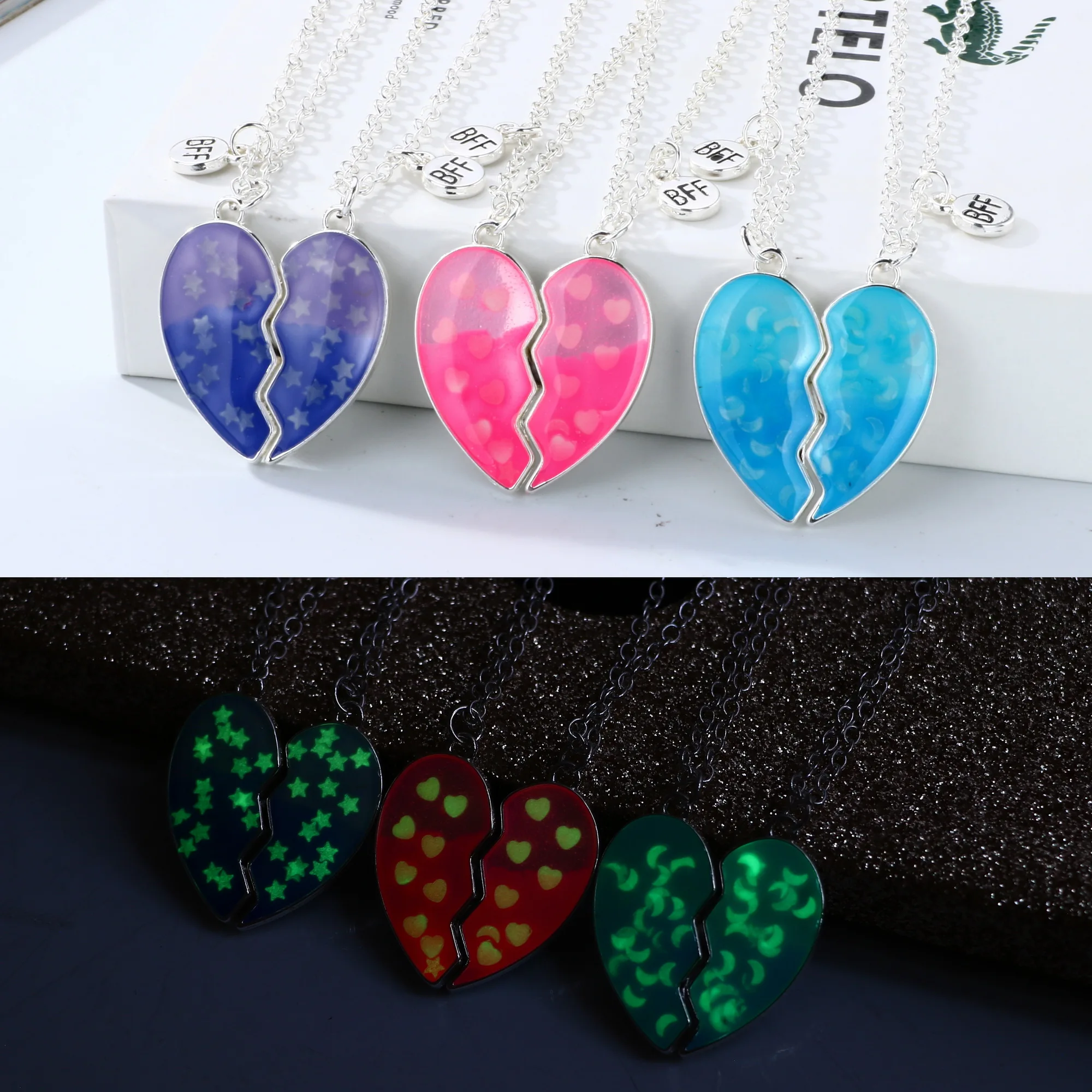 

Amazon Choice Holographic Star heart moon Magnet Broken Heart Gradient Color Sister Student BFF Friendship Children Necklace