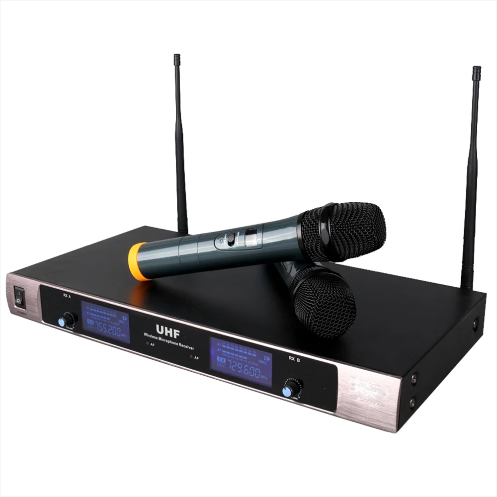 

GAW-8430 Professional VHF Wireless Microphone System Dual Handheld Karaoke Mic 2 Channel Cordless Mike Receiver, Gray&golden