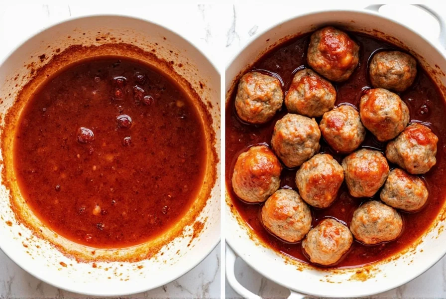 Step-by-step preparation of grape jelly chili sauce meatballs showing sauce mixture and meatballs being added