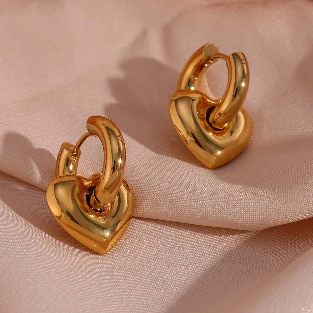 18K Gold Plated Chunky Heart Earring Tarnish Free Stainless Steel Earring Women Jewelry Making Supplies