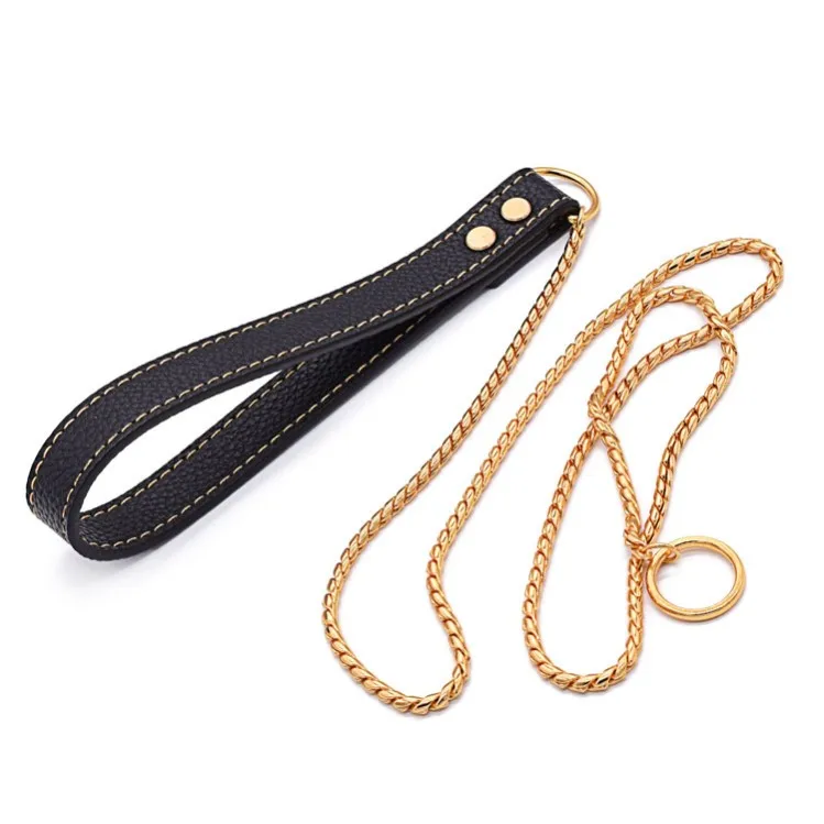 

Copper Choke Collar Dog Snake Leash Chain with leather handle for dog training traffic leading, Silver/ black/gold/ rose pink