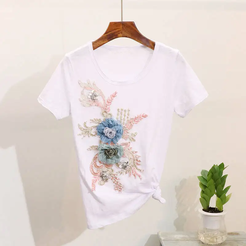 

Summer new women's T-shirt heavy industry nail bead embroidery three dimensional flower short sleeve white top