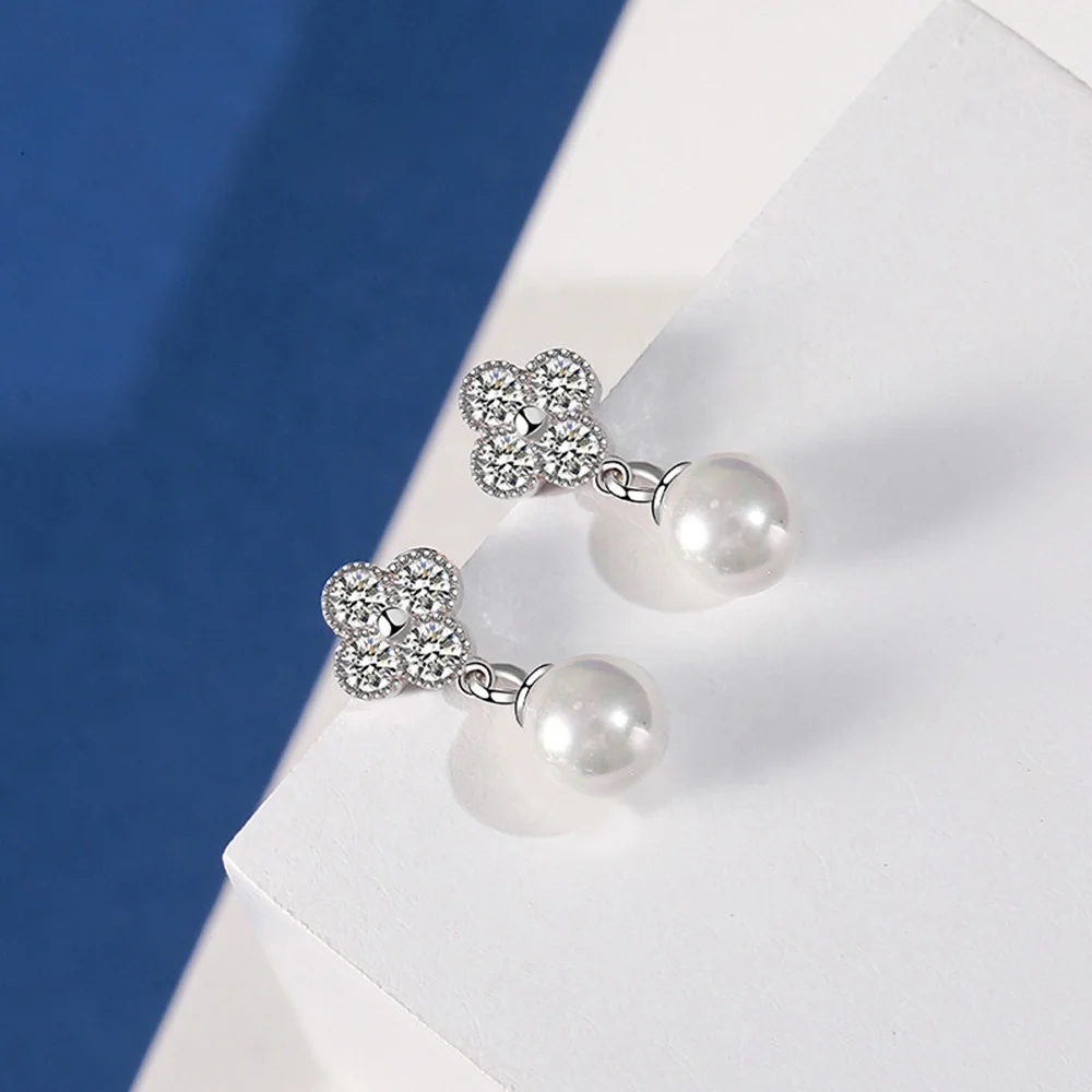 

Cute Four Clover Earring Aretes De Plata 925 Sterling Silver Classic Pearl Earrings