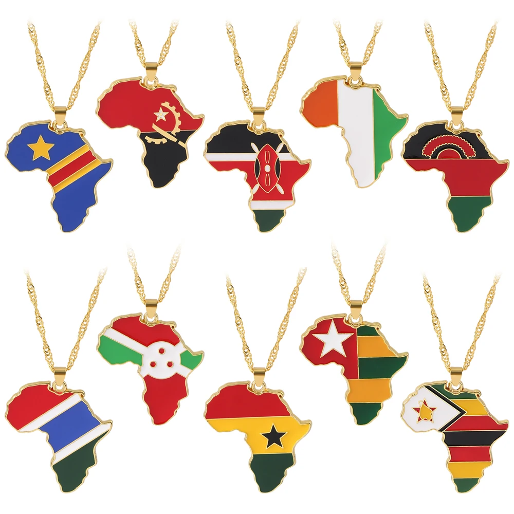 

Hot Sale 18k Gold Plated National Flag Alloy Pendant Multiple Country Map Necklace Zambia Uganda Liberia South Africa Morocco
