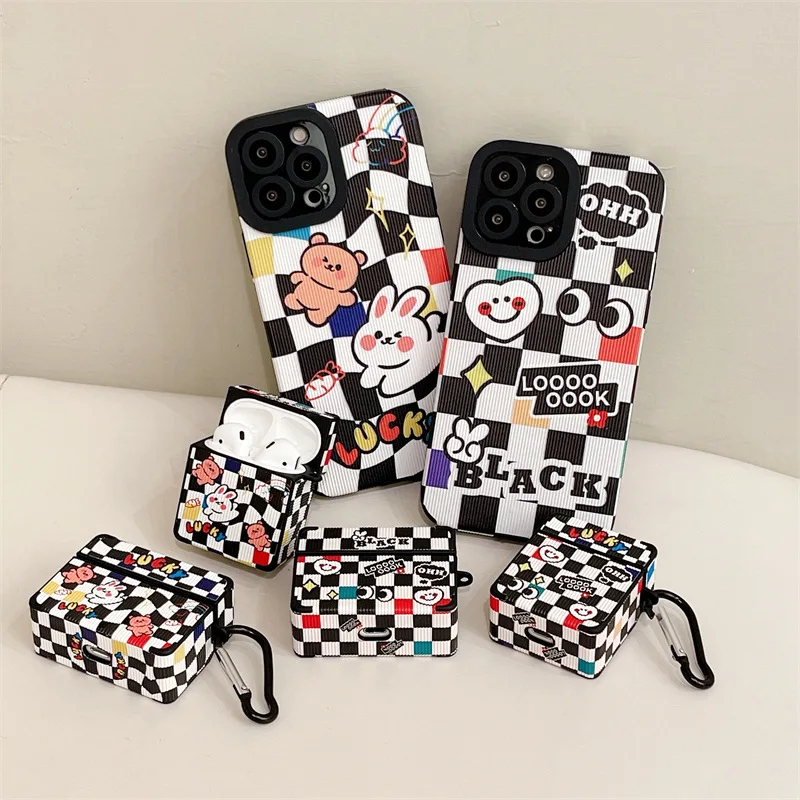 

Drop shipping For airpod 2gen 3gen pro case Stylish black and white plaid airpods pro case,cute 3d cartoon kawaii