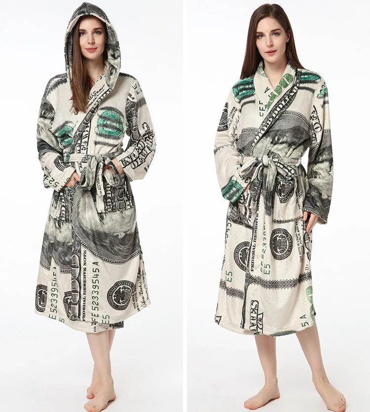 

Wholesale Cozy Warm long Hooded Robe Flannel Pajama Unisex Money Printed Robe Flannel Robes Bathrobes