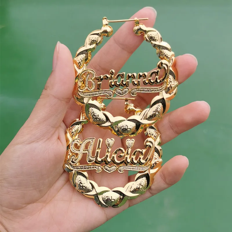 

Gold Plated oversized Hoop Earring Custom Personalised Bamboo 3d Names hug kiss Jewelry Big Xoxo Earrings, Gold/rose gold/ silver