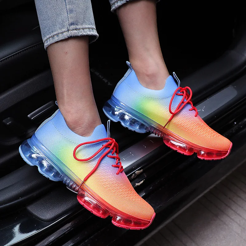 

TX hot sale ladies air cushion bottom tie dye sports shoes breathable non slip lace up women sneakers, Color matching