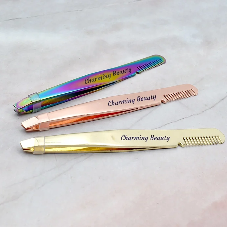 

New Arrival 5 Colors Eyebrow Tweezers with Comb Stainless Steel Slanted Eye Brow Tweezers with Private Label, Gold and rose gold and black etc
