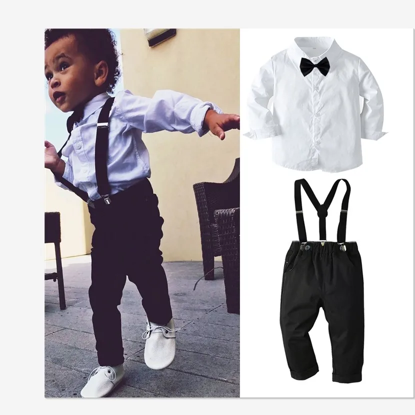 

BSL114 Two Pieces Sets Baby Shirt And Bib Pants Children Cute Preppy Boutique Kids 2 Piece Clothing, As the picture show