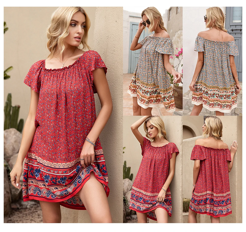 

2021 Rayon Floral Boho Dress Short Sleeve Off Shoulder Bohemian Summer Mini Casual Dresses Women, Beige, red