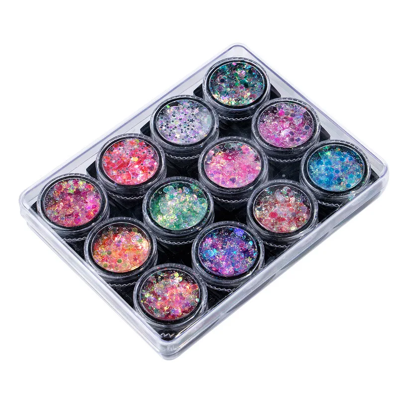 

Hot sell glitter 12 pcs set sunlight color changing lighet color change mermaid glitter eyeshadow cream for body face and hair