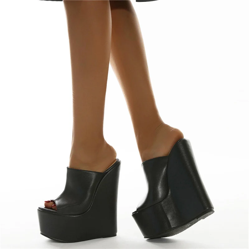 

Newest Popular Fashion Peep Toe Platform Wedge Slippers Black Summer Shoes Woman Super High Heels Sandals Size 35-42