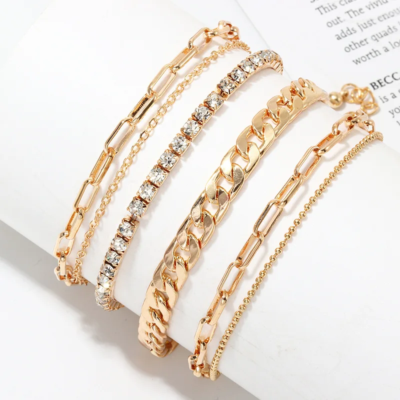 

Hot Selling 4pcs Set Gold Crystal Cuban Chain Ankle Bracelet Tennis Link Chain Cubic Zirconia Anklet Set For Women