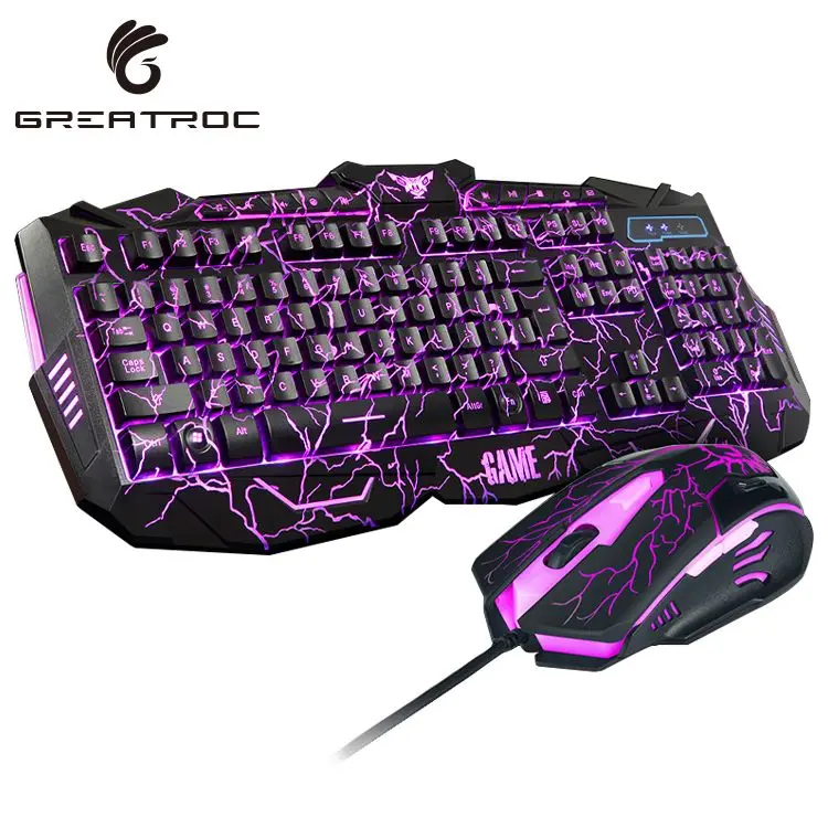 

Great Roc Hot sale computer office pc gaming gamer mouse keyboard set luminous backlight crack USB wired keyboard mouse combo, Black