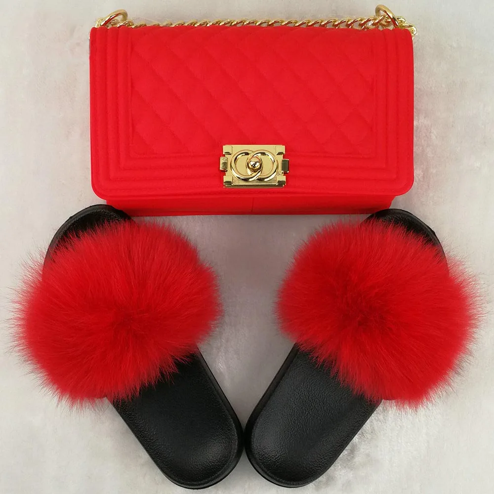 

Wholesale custom colorful real raccoon fur sandals fanny pack jelly bag fox fur slides fur slippers with purse sets for women
