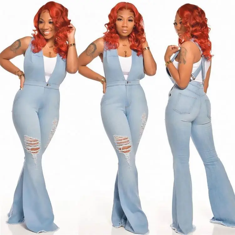 

OEM Fall Apparel Rompers Wide Lege Flare Pant Ripped Jean Denim Jumpsuits Women