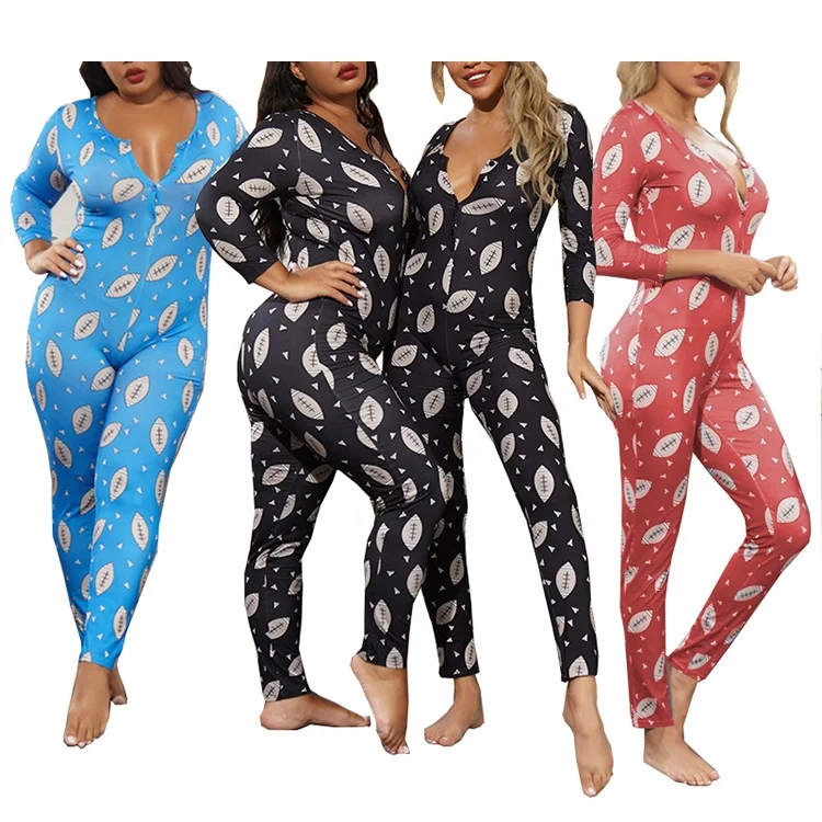 

9067 V Neck Romper Jumpsuit Long Sleeve Onesie Ladies Plus Size Adult Long Pants Onesie Pajamas for Women, 3 colors: black, blue, red