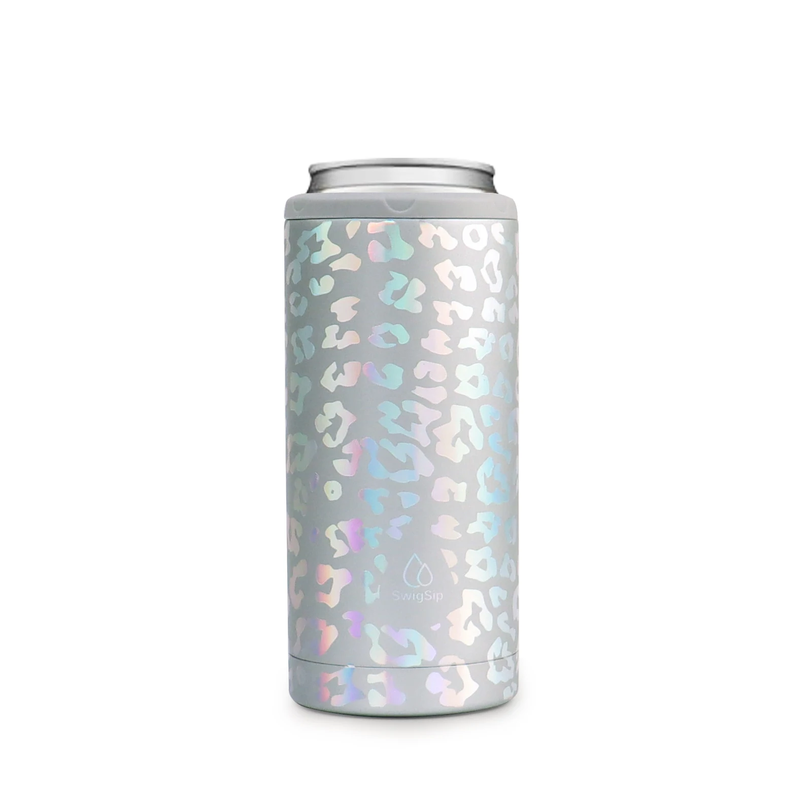 

Swig Sip Skinny Can Cooler - Double Wall Stainless Steel Vacuum Insulated Can Holder for 12oz Tall Beverage Bridesmaid Gift, Laser leopard
