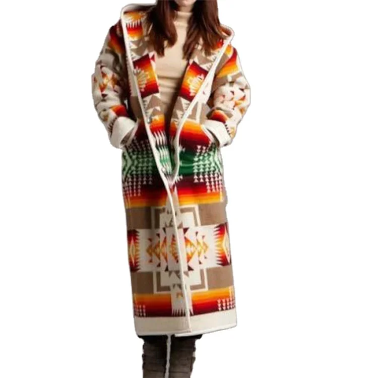 

Lapel Pattern Printed Single Button Women Plus Size Aztec Cardigan Women Hooded Long Sleeve Tribe Aztec Coats With Pocket, 5 colors