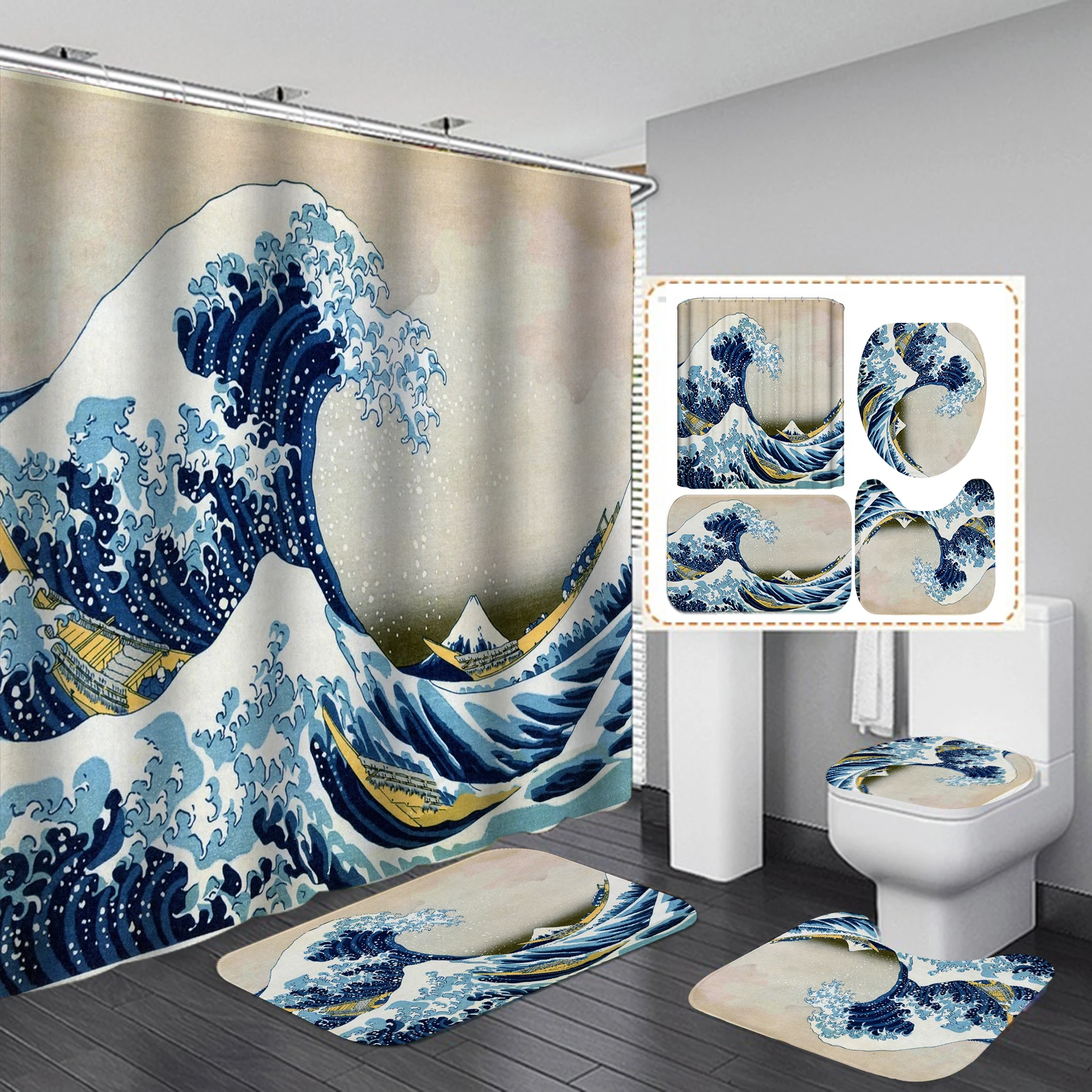 

3D styles beach print shower curtain mat Set with Hooks