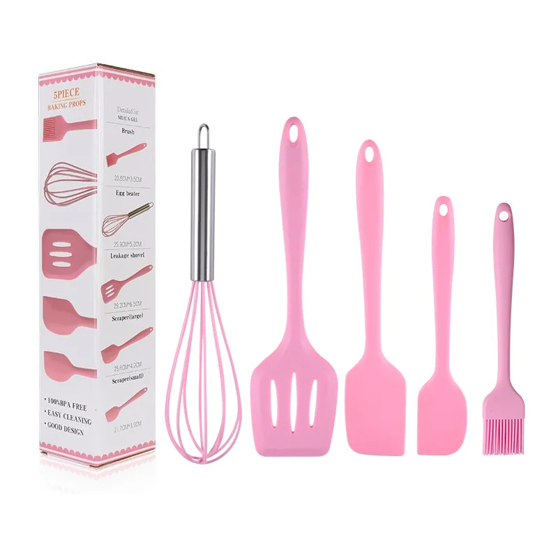 

Hot Sale Bpa Free 100% Food Grade 5pcs Silicone Pink Kitchen Utensils