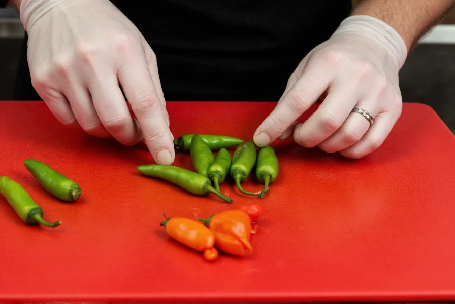 Chef wearing nitrile gloves while preparing various chili peppers on a dedicated red cutting board