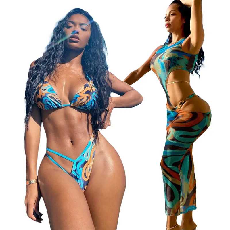 

Women 2021 summer beachwear sexy bikini woman swimwear cut out bikini set push up swimsuit 3 pieces swimwear cover ups, Picture color