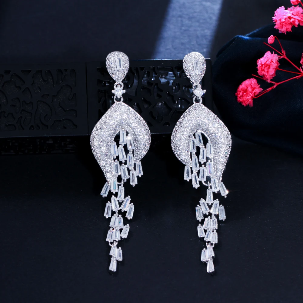 Noble Tassel Style Micro Cubic Zirconia Paved Long Big Dangle Evening Party Earrings for Women Wedding Jewelry