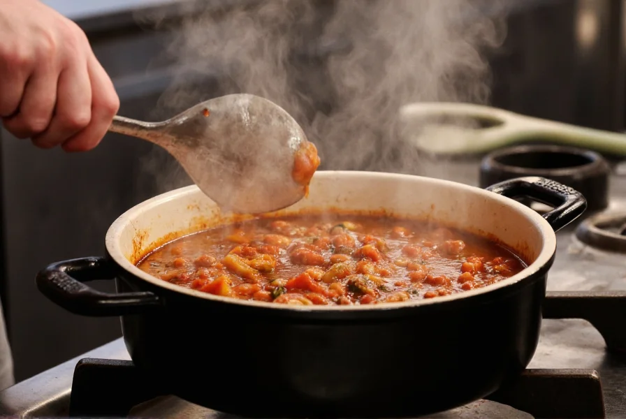 Professional chef stirring a large pot of chili on a stove, showing proper simmering technique with steam rising