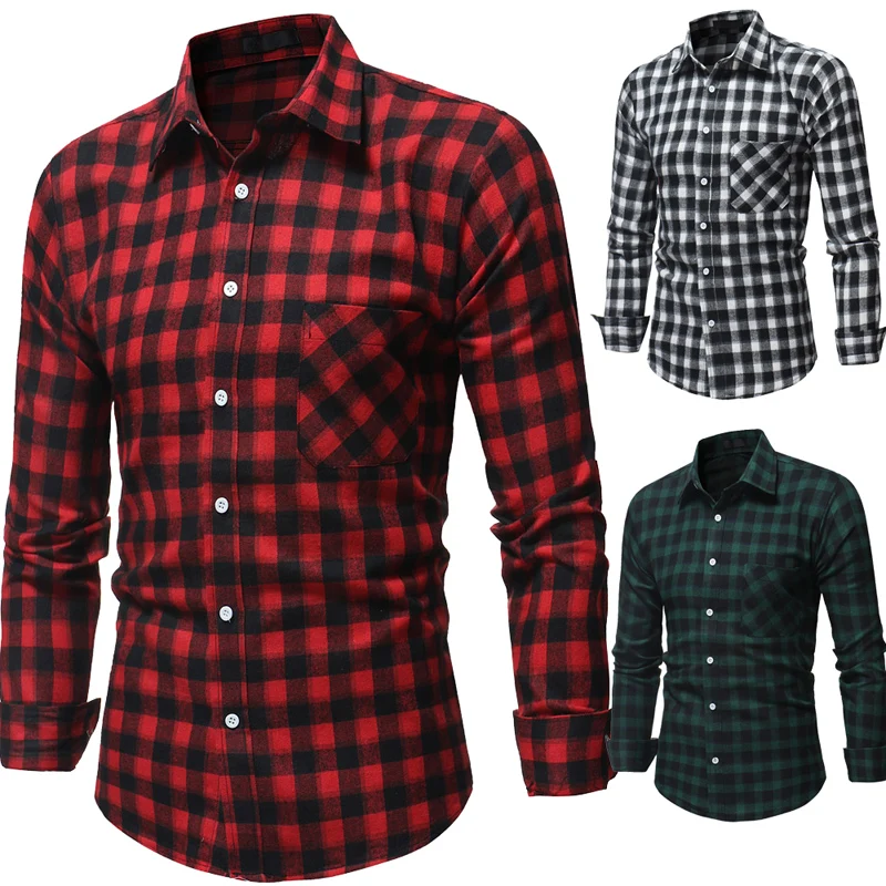 

Mens Pocket Flannel Plaid Cotton Shirt Long Sleeve Checkered Casual Utility Slim Fit Black Warm Autumn Winter Shirts New