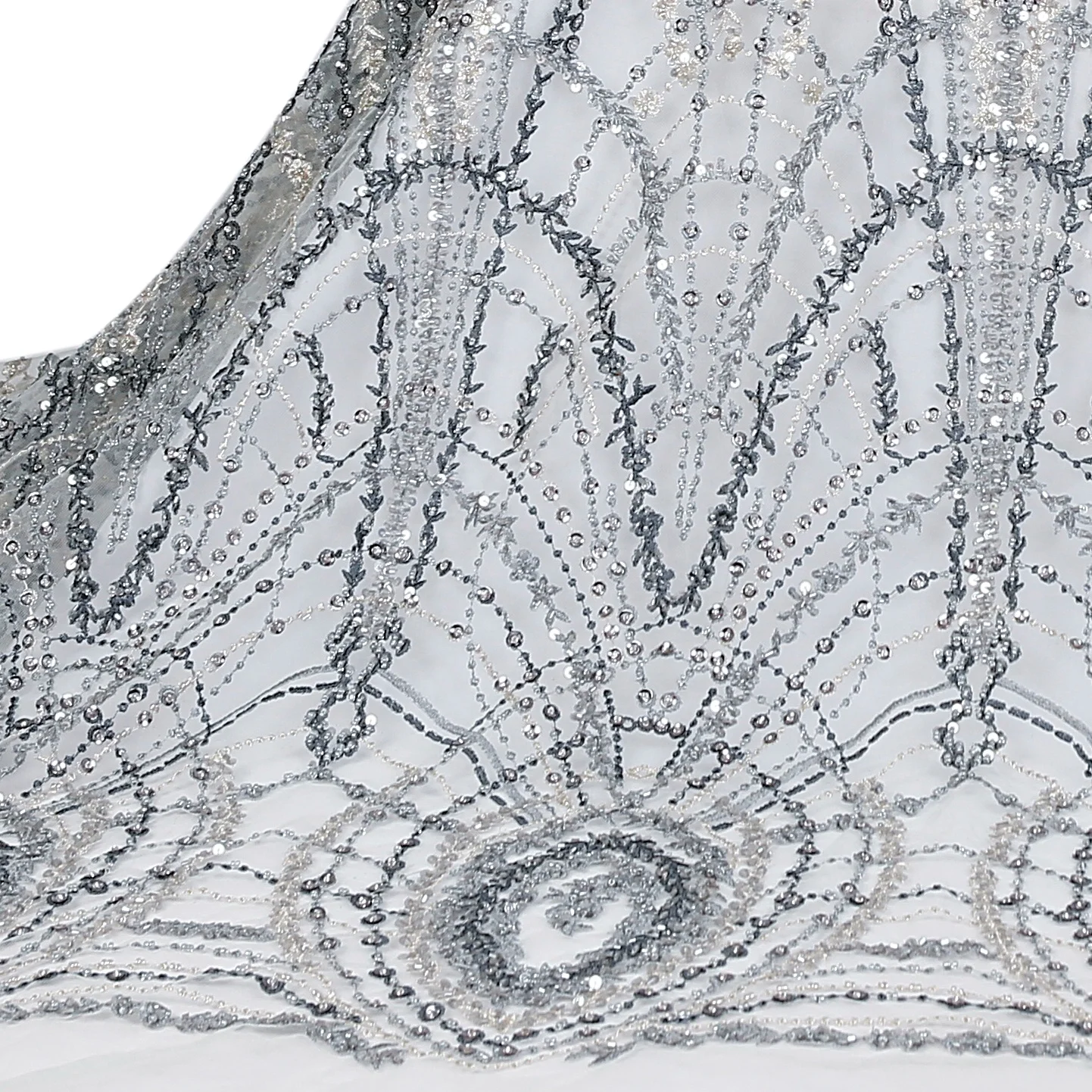 

Top quality items geometry embroidered grey blue tulle large sequins with beads lace fabric for dresses