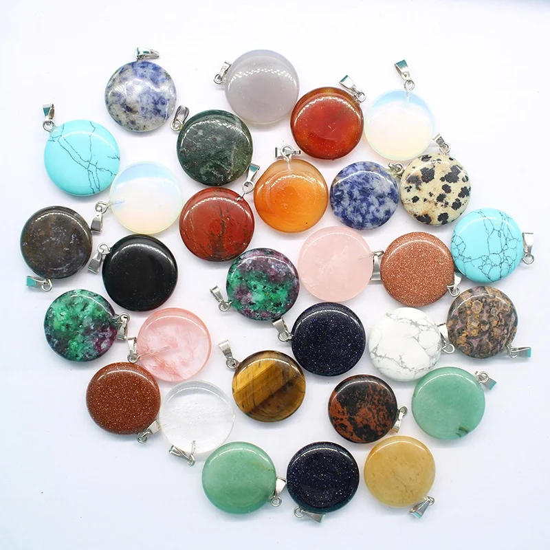 

Assorted Natural Stone Flat Round Pendants Quartz Turquoises Tiger Eye Opal Aventurine Charms for DIY Jewelry Making