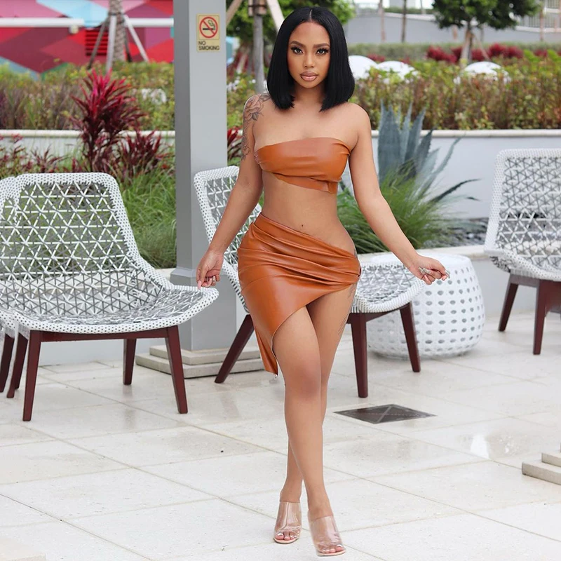 

K20856S Women Two Piece Set 2021 NEW Arrival Fashion Leather Solid Color Sexy Crop Top+Skirt Set Wholesale Streetwear