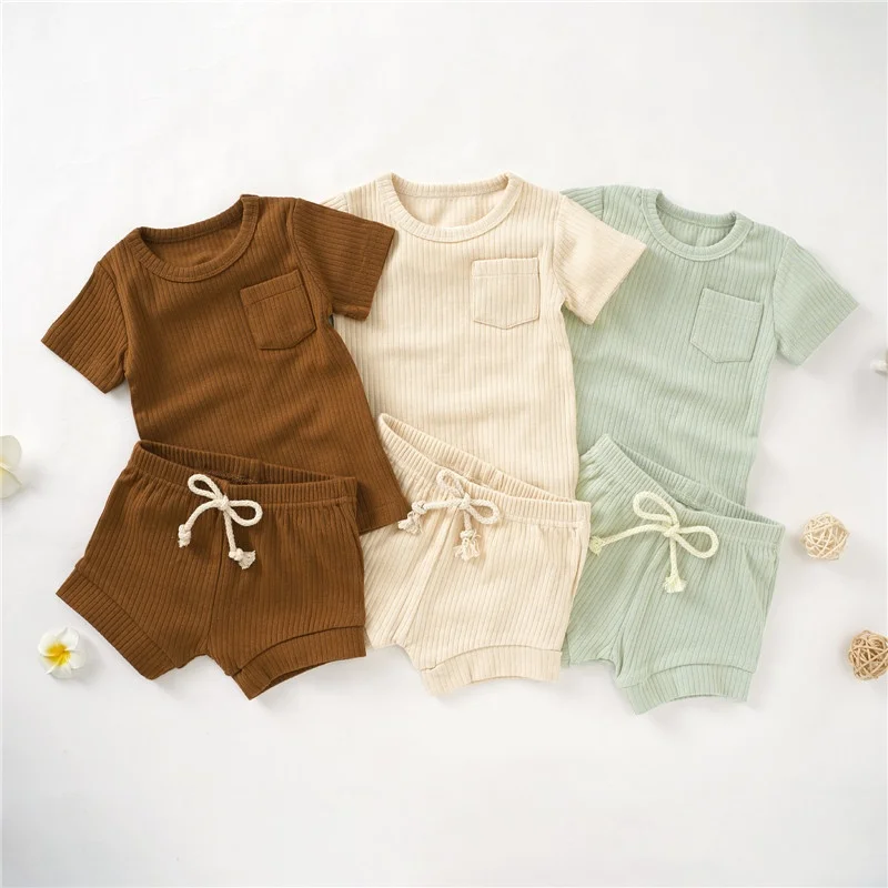 

Summer Organic Cotton Baby Ribbed Set Short Pajamas Set Clothes for Babies, Plain dyed(8 colors in stock)