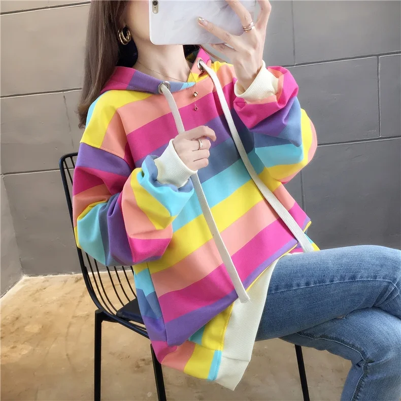 

Early autumn new striped mid-length pocket drawstring hooded sweater female ulzzang Korean version of loose ins coat