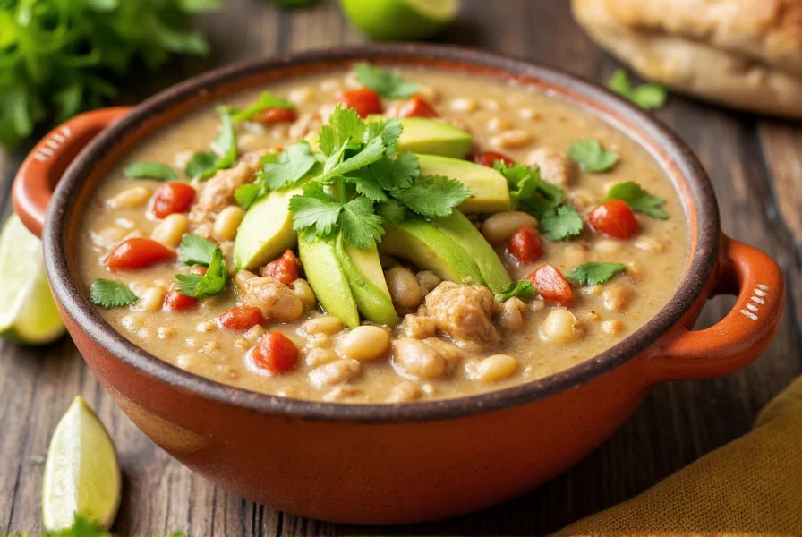 White bean chicken chili in a rustic bowl topped with fresh cilantro and avocado slices, served with lime wedges on a wooden table