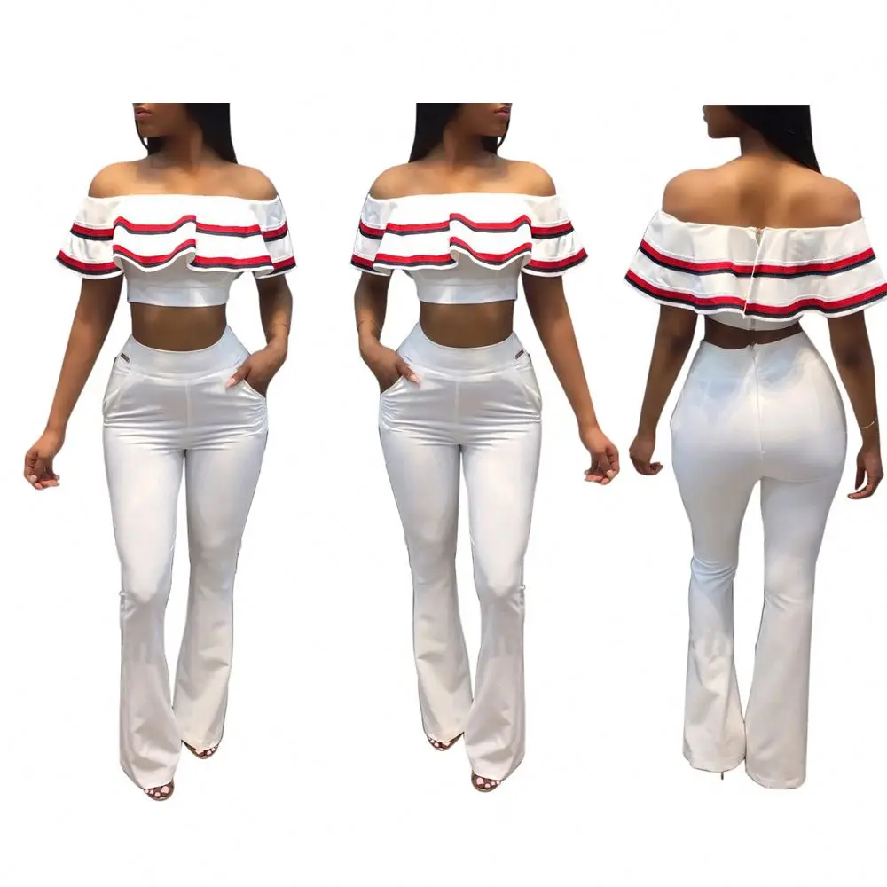 

Ruffled Collar Off The Shoulder Crop Top And Flare Pants Fashion Two Piece Set White Women Suit Pants, As photo showed